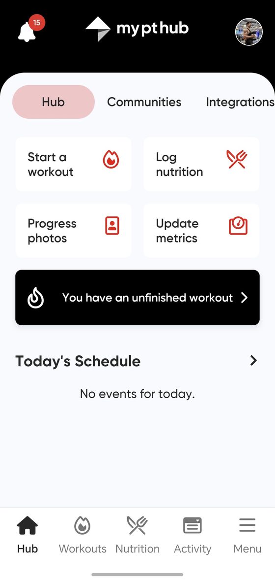 App home screen with shortcuts to start a workout, log nutrition, add progress photos and update metrics