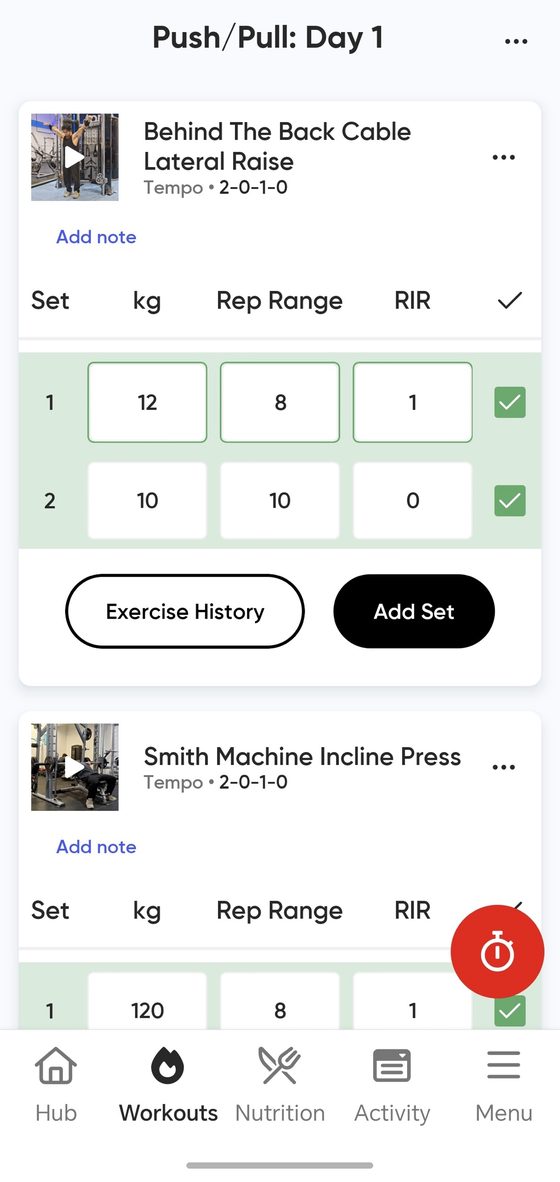 A workout showing exercises with sets, reps and weights to log