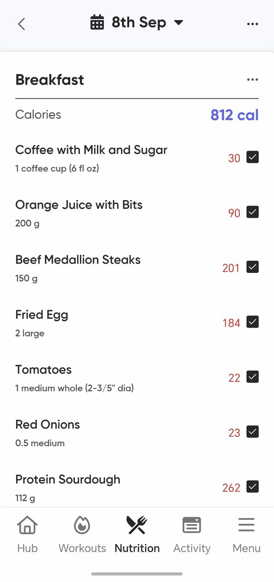 Nutrition log showing a tracked meal and its calorie total
