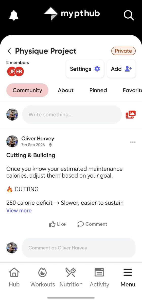 Community feed inside the app with a coaching post and comments
