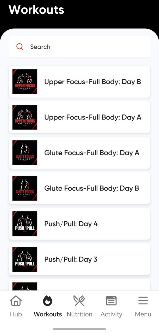 Programme library in the app, showing Upper Focus, Glute Focus and Push Pull plans